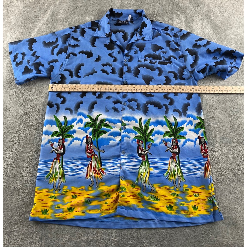 Pacific & Co Mens Blue Hula Dancer Hawaiian Camp Shirt Short Sleeve Size M - Picture 4 of 10